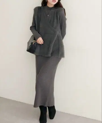 페더 페플럼 베스트 + 리브 타이트 원피스 SET 차콜 그레이