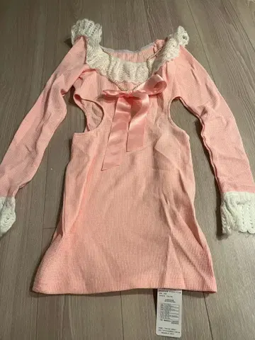 핑크 레이스 리본 펄 오픈 허리 원피스 새상품