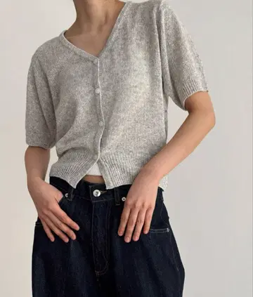 El mar 린넨 혼방 V넥 반팔 니트 가디건