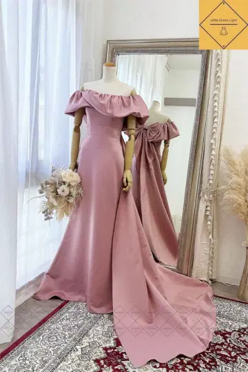 핑크 오프숄더 프릴 머메이드 드레스