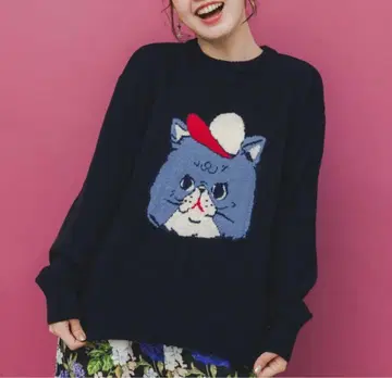 [ 스칼라 ] 캡 고양이 패턴 자카드 니트