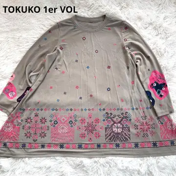 토쿠코 프리미어볼 그레이 기하학 꽃무늬 긴팔 튜닉 티셔츠 새상품급