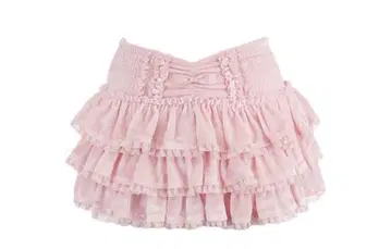 Bobon21 티어드 레이스 벨로아 스커트 밀크 핑크