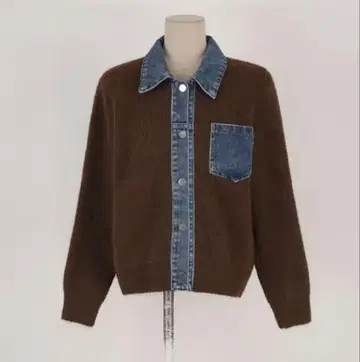 [트렌드] 카라 부착 데님 절개 니트 가디건 브라운 | 인기