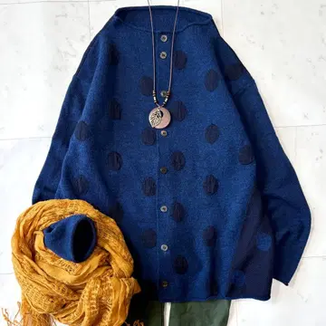 컨디션 최상 플랜테이션 일본제 데코 도트 가디건 네이비 파랑 M