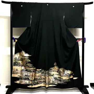 블랙 전모 기모노 오동나무 금채 수레 인물 거리 풍경 기모노 121tz