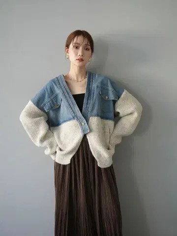 [ Lumier ] 데님 절개 네프 니트 가디건 / 아이보리