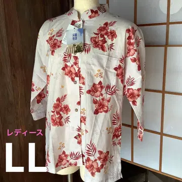 오키나와산 하와이안 셔츠 빨간 꽃무늬 반팔