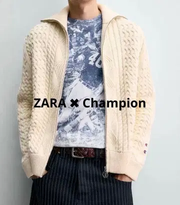 ZARA 챔피온 케이블 짜임 자카드 니트 자켓 에크루 M