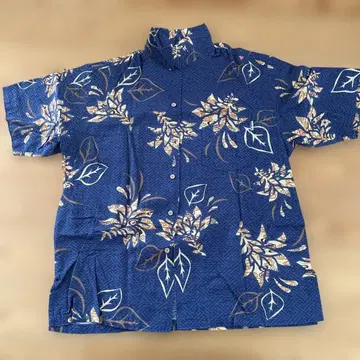 Mango 오키나와제 네이비 잎 패턴 하와이안 셔츠 면 100%