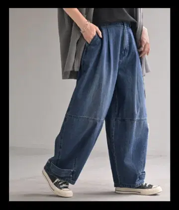 HUG.U 다크 블루 와이드 데님 팬츠 코쿤 청바지