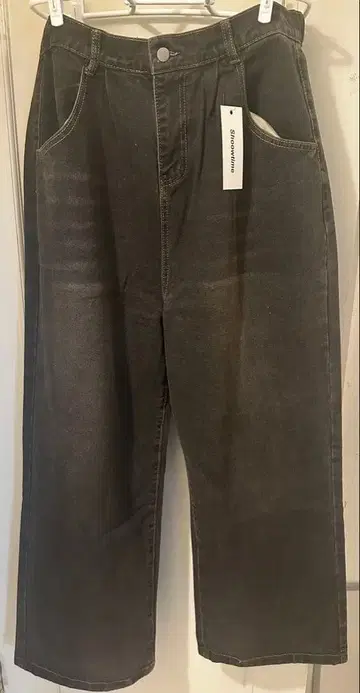 블랙 와이드 팬츠 백 포켓 자수