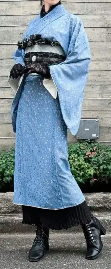 레이스 기모노 후리소데 파랑 색스 블루 와로리
