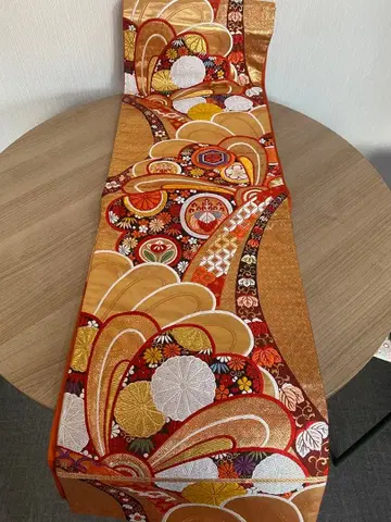 순수 실크 후쿠로 오비 자수 빨간색 오렌지 금
