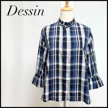 [거의 미사용] 데셍 긴팔 셔츠 노카라 벨 슬리브 체크 네이비 S