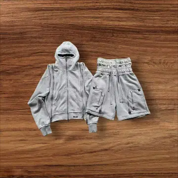 그레이 후드 부착 후드티 셋업