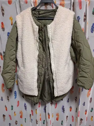 새상품급 리버서블 보아 베스트 포함 퀼팅 자켓 M 라임 잉크