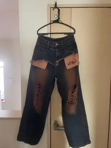 데미지 가공 와이드 레그 데님