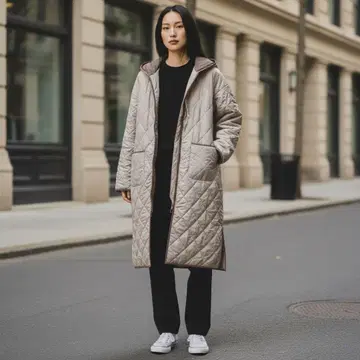 후드 부착 베이지 퀼팅 코트