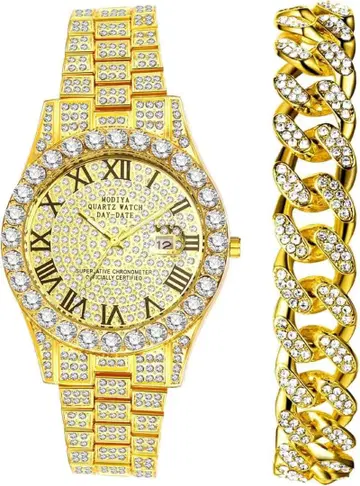 다이아몬드 장식 쿼츠 고급 손목시계 골드 체인 팔찌 세트