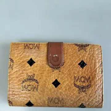 MCM 이단 접이식 지갑 베이지 로고 포함