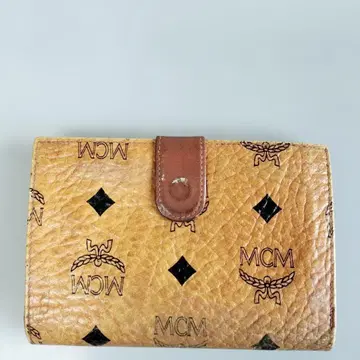 MCM 이단 접이식 지갑 베이지 로고 포함