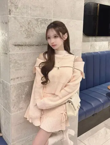 루미뇽 니트 리본 스커트 세트업 핑크