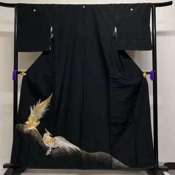 검정 토메소데 세미 앤티크 자수 새 금실 고잔키리몬 기모노 123tz