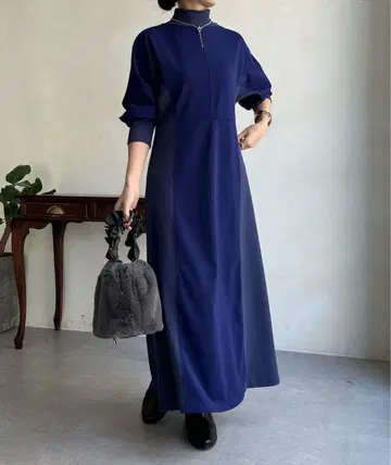 DouDou 맨투맨 원피스 리브 절개 컷 원피스 롱 블루