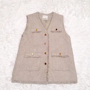 crieconforto 트위드 자켓 골드 버튼 노카라 베이지