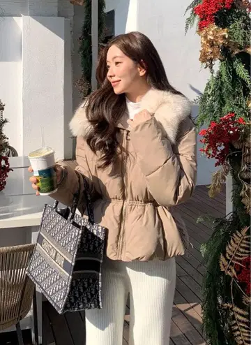 퀼팅 에코 퍼 집업 칼라 드로우 스트링 포켓 긴팔 다운