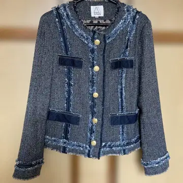 네이비 트위드 노카라 자켓