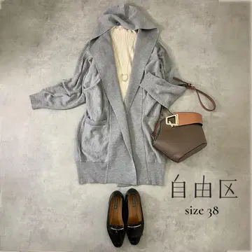 [ 자유구 ] 후드 부착 롱 니트 코디건 그레이 M 상당