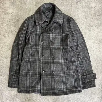 그레이 계열 체크 더블 브레스트 피코트 울 혼방