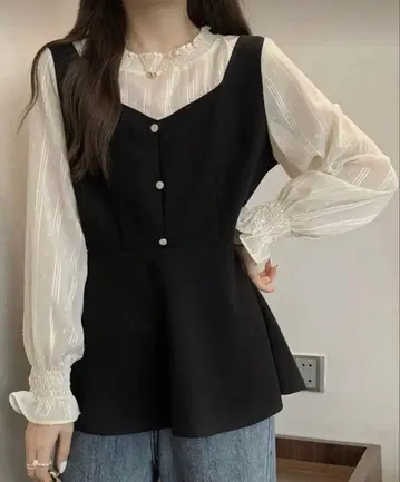 인기!! 프렌치 스타일 프릴 셔츠 블랙 오피스 파티 고급 가을/겨울