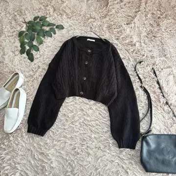 6882 에카 소포 케이블 짜임 니트 가디건 [ F ] 블랙/숏 기장