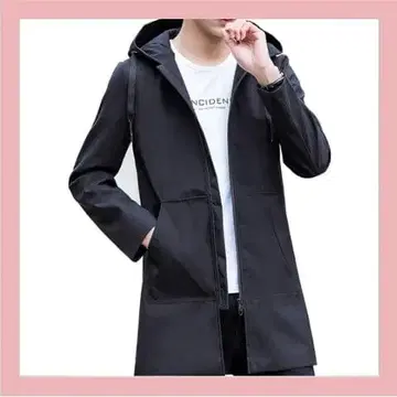 [ OKJCON ] 남성용 롱 코트 후드 부착 블랙 L