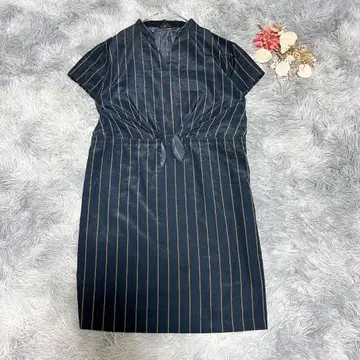 SOUP 수프 ( M ) 반팔 원피스 무릎 기장 I라인 스트라이프 리본