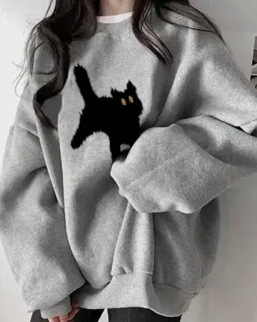 그레이 오버 사이즈 맨투맨 검은 고양이 프린트