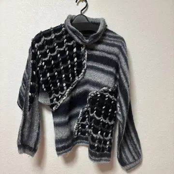 손뜨개질 그레이 계열 스트라이프 하이넥 니트 핸드메이드 편물 스웨터 긴팔