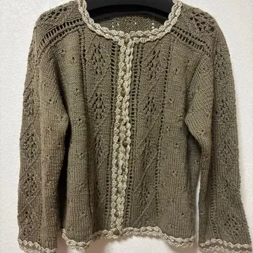 손뜨개질 올리브 그린 레이스 니트 가디건 골드 버튼 골드 긴팔