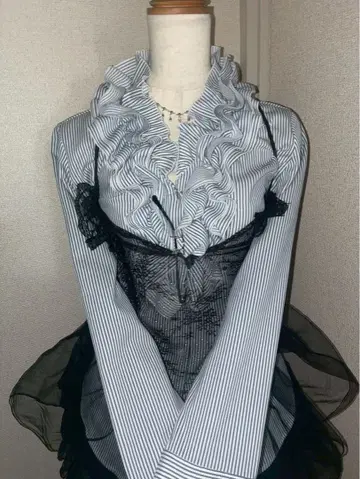 y2k 스트라이프 셔츠 프릴 헤이세이 갸루 고딕 페어리 그런지