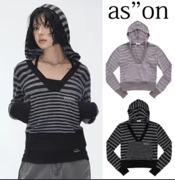 as'on 스트라이프 후드 티셔츠 블랙 한국