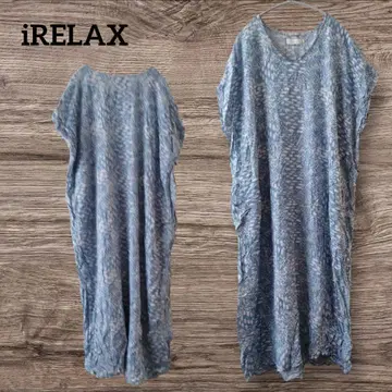 1점 한정 iRELAX 반팔 롱 원피스 블루 계열 무늬 루즈한 사이즈