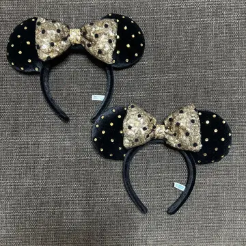 디즈니 머리띠 2개 블랙 골드 리본 도트 스톤