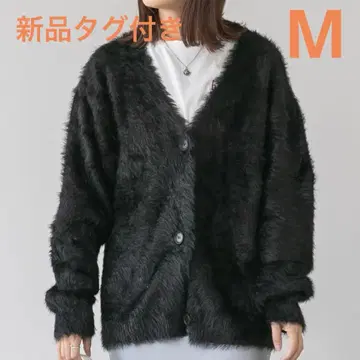 택 포함 새상품 샤기 니트 V넥 가디건 M 블랙 모헤어 니트