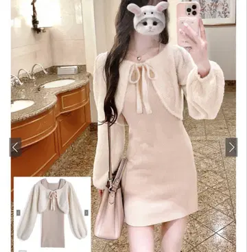 리본 샤기 볼레로 미니 원피스 니트 셋업 [ru1383]