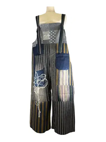 스트라이프 패치워크 오버롤