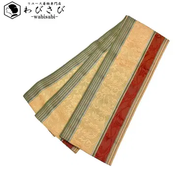 반폭 오비 치쿠젠 원조 하카타오리 꽃+덩굴 패턴 담창엽색 D-2005