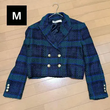 ZARA 트위드 자켓 골드 버튼 체크 한국 M